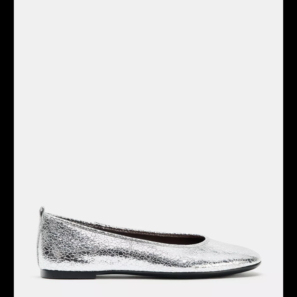 Zara Metallic Silver Cracked-Texture Ballet Flat